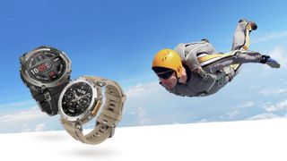 The Amazfit T-Rex Ultra next to a man skydiving