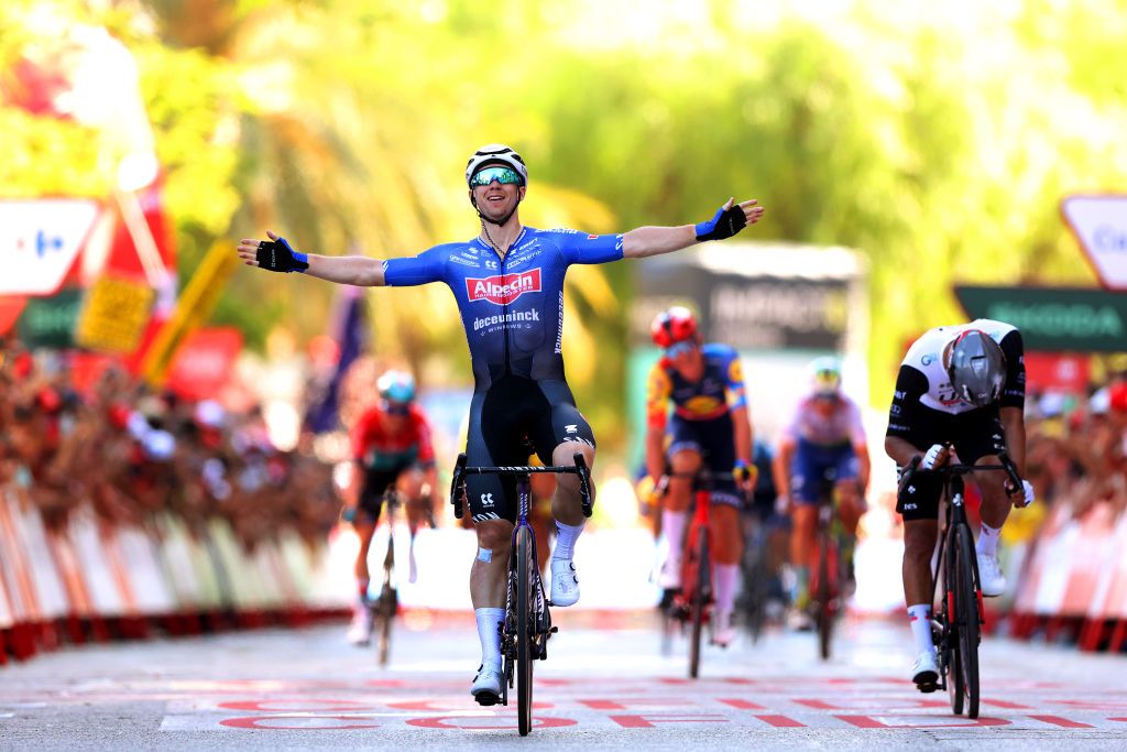 TARRAGONA SPAIN AUGUST 29 LR Kaden Groves of Australia and Team AlpecinDeceuninck celebrates at finish line as stage winner ahead of Juan Sebastian Molano Benavides of Colombia and UAE Team Emirates during the 78th Tour of Spain 2023 Stage 4 a 1846km stage from Andorra la Vella to Tarragona UCIWT on August 29 2023 in Tarragona Spain Photo by Alexander HassensteinGetty Images