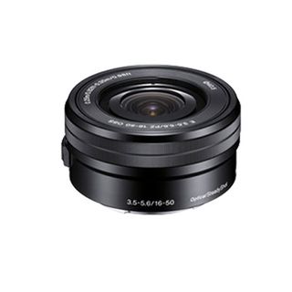 A black Sony E 16-50mm f/3.5-5.6 OSS lens