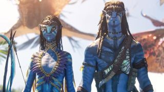 Neytiri and Jake standing and looking stern in Avatar: Fire and Ash