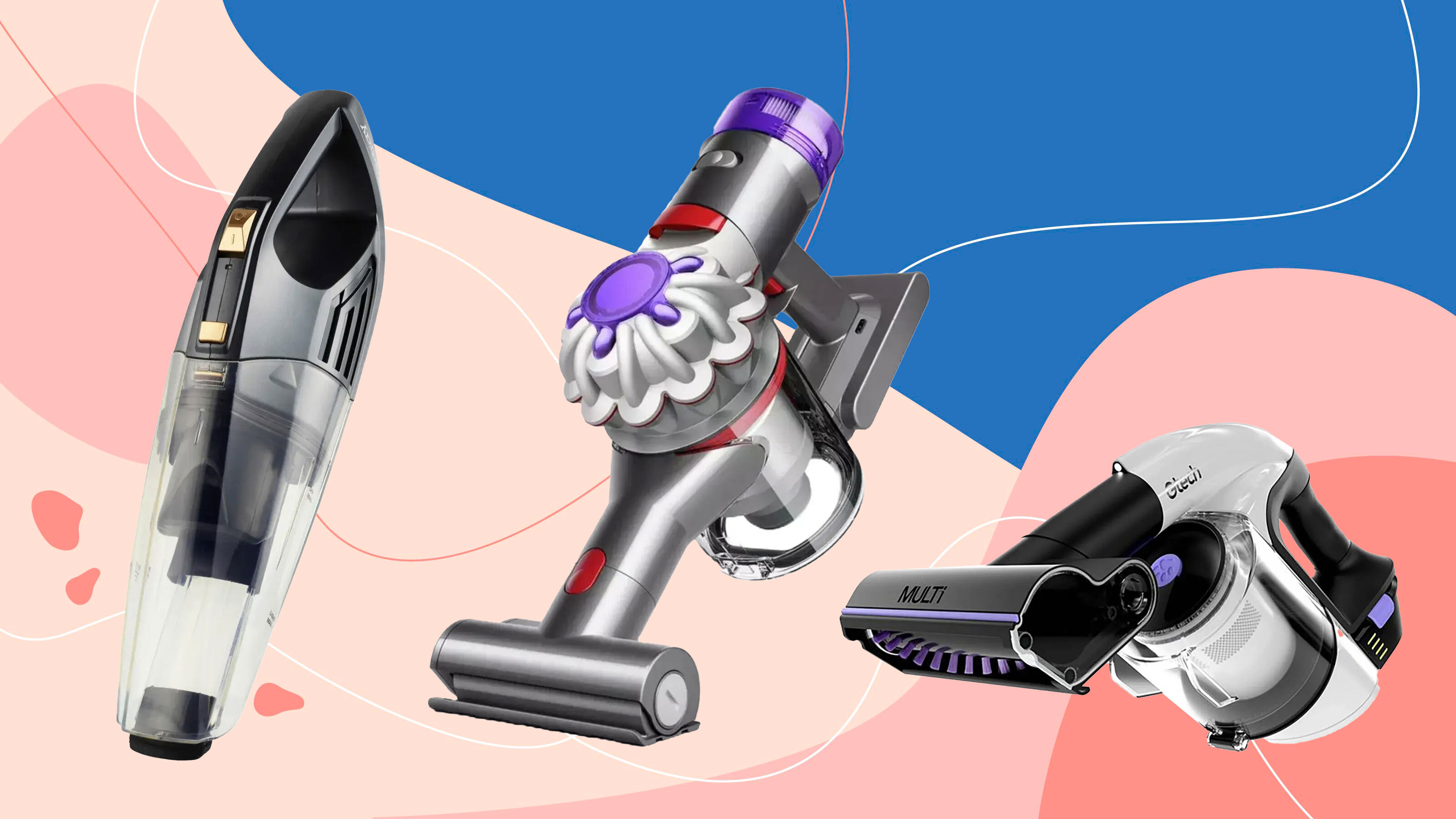 Three handheld vacuums on a pink and blue background