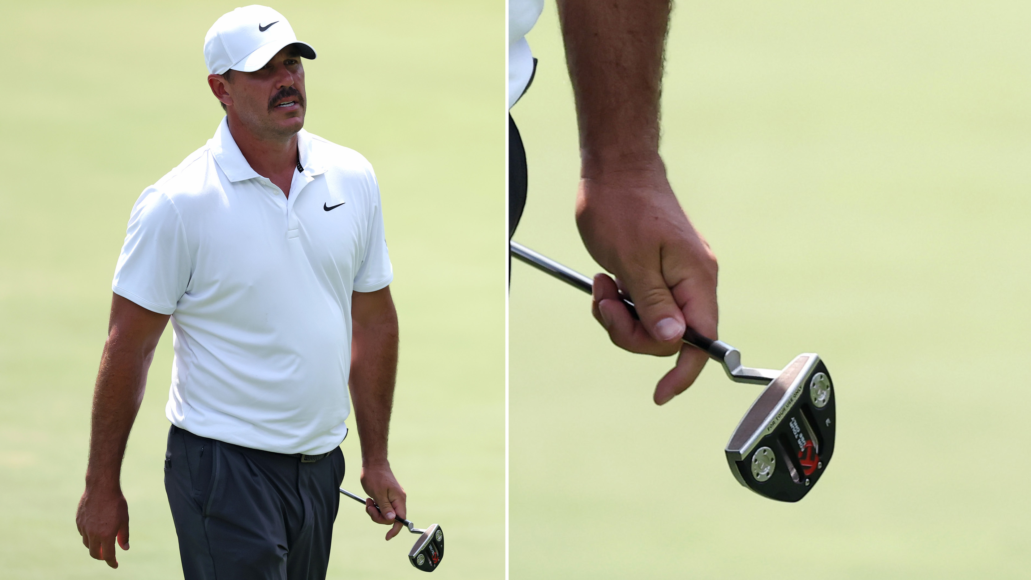 Brooks Koepka walks off the green, with a close up of his putter next to him