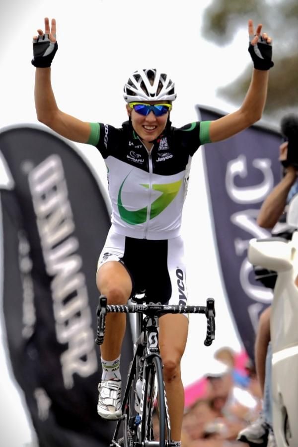 Off the mark: Shara Gillow celebrates the first win of what the team will is hope is many to come on stage three of the Jayco Bay Cycling Classic in Portarlington.