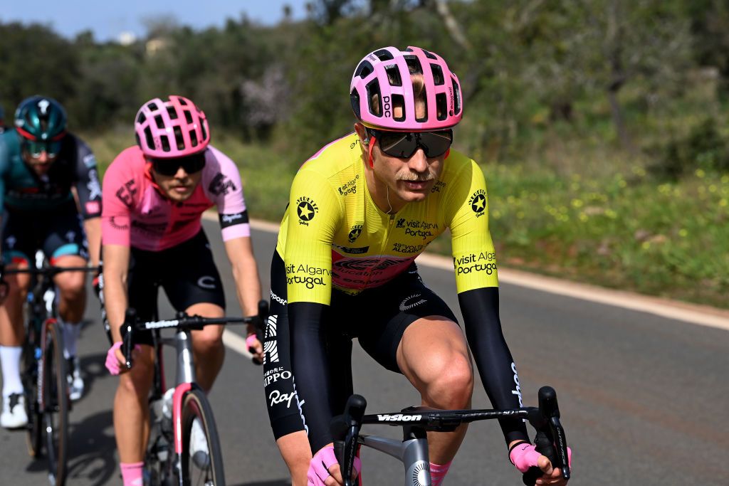 ALTO DO MALHO LOULE PORTUGAL FEBRUARY 18 Magnus Cort Nielsen of Denmark and Team EF Education Easypost Yellow Leader Jersey competes during the 49th Volta ao Algarve em Bicicleta 2023 Stage 4 a 1779km stage from Albufeira to Alto do Malho Loule 514m VAlgarve2023 on February 18 2023 in Alto do Malho Portugal Photo by Tim de WaeleGetty Images