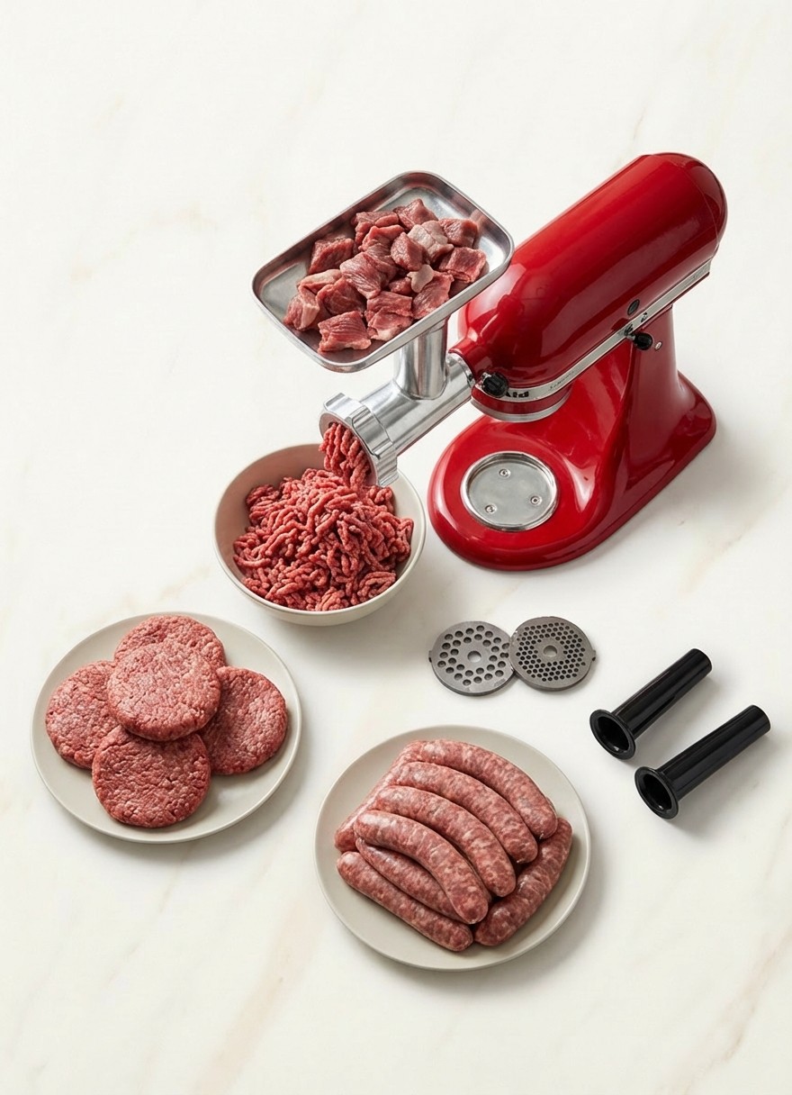 Red KitchenAid accessory on cream marble background