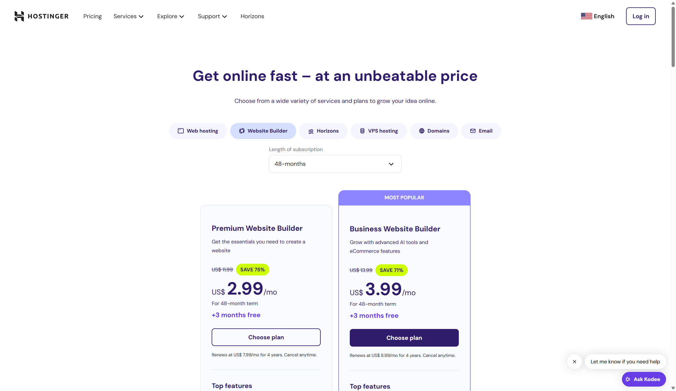 Hostinger Website Builder pricing