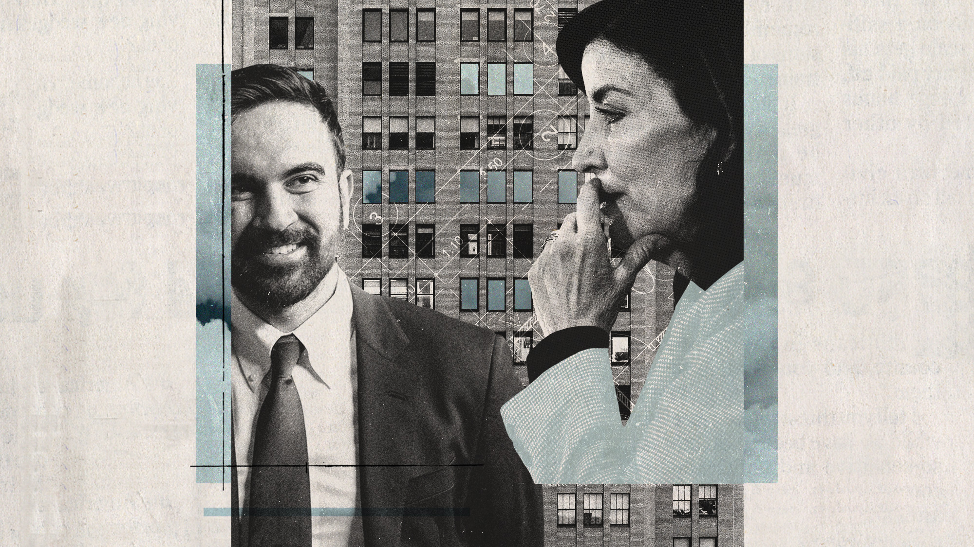 Photo collage of Kathy Hochul, Zohran Mamdani, and a New York building