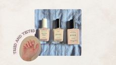 A collage featuring a picture of three Manucurist nail polishes (Active Blur, Green Polish in Cr&egrave;me and the Green Sunshine Top Coat) laid out on a stripey blue bedspread, alongside a close-up picture of Digital Beauty Writer, Naomi Jamieson's hand, showing her nails with French tip manicure using all of the above, with the words "tried and tested" on a cream background