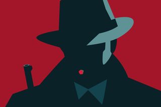 A noir detective illustration, coloured in red and dark blue, showing a man wearing fedora hat, holding gun, and smoking cigar