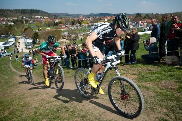 Martin Gujan (Cannondale) leads the men up a hill in view of the city of Muensingen