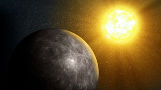 Artist's illustration shows a gray and cratered Mercury in the foreground and a bright glowing yellow sun in the background to the right. 