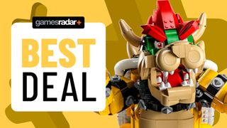 A 'best deal' badge beside an assembled Lego The Mighty Bowser set, on a yellow background