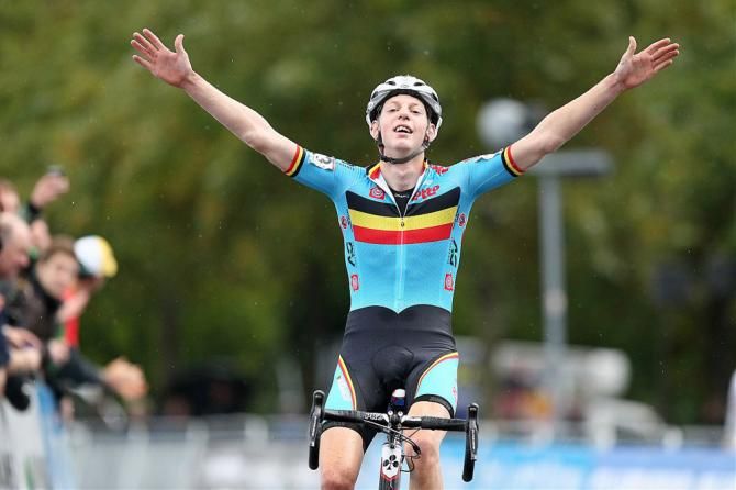 Michael Vanthourenhout (Belgium) celebrates victory in the U23 men's race at the 'cross World Cup in Valkenburg