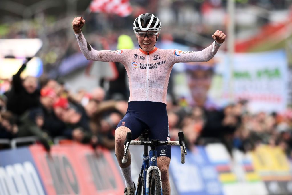 HOOGERHEIDE NETHERLANDS FEBRUARY 04 Fem van Empel of The Netherlands celebrates at finish line as race winner during the 74th World Championships CycloCross 2023 Womens Elite CXWorldCup Hoogerheide2023 on February 04 2023 in Hoogerheide Netherlands Photo by David StockmanGetty Images