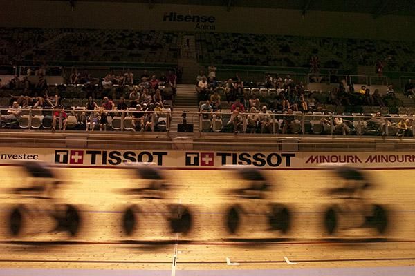 The New Zealand men's pursuit team in action during their qualifying round on day three of the Track World Cup in Melbourne.