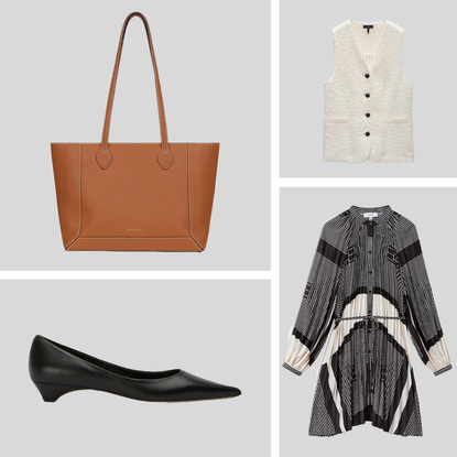 Product collage of rag & bone Charlotte Italian Tweed Vest, Strathberry Mosaic Leather Shopper, REISS Bay Splice Printed Mini Dress, Tony Bianco Eclipse Black Como Flats 