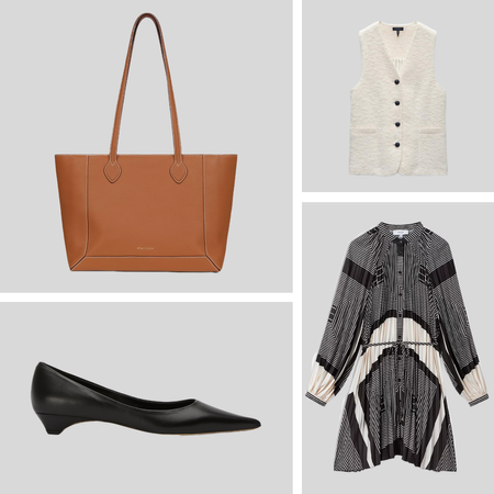 Product collage of rag  bone Charlotte Italian Tweed Vest, Strathberry Mosaic Leather Shopper, REISS Bay Splice Printed Mini Dress, Tony Bianco Eclipse Black Como Flats 