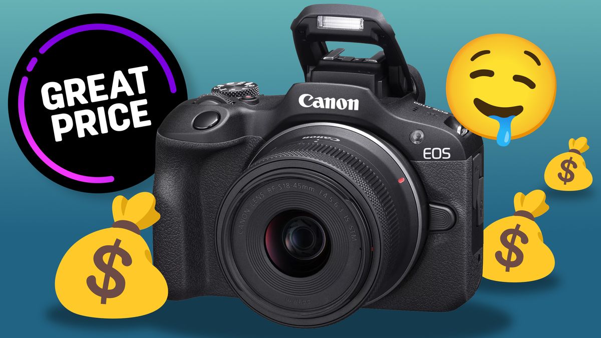 Canon EOS R100 on blue background next to money bag and drooling face emojis, with &#039;Great Price&#039; roundel 