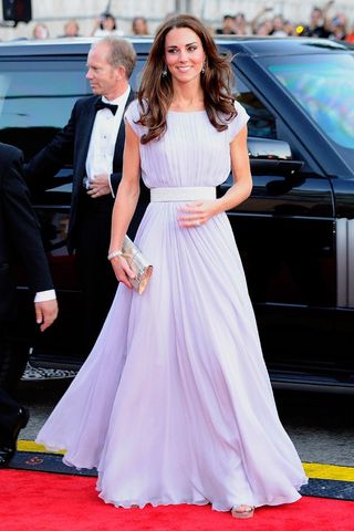 Kate Middleton on an LA red carpet wearing a lavender gown.