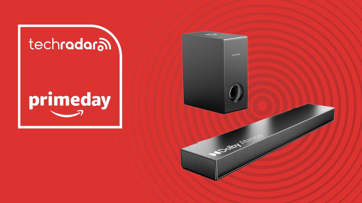 Ultimea Nova S50 soundbar and subwoofer on red background with words &#039;TechRadar: Amazon Prime Day&#039; positioned on the left side of the image