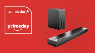 Ultimea Nova S50 soundbar and subwoofer on red background with words 'TechRadar: Amazon Prime Day' positioned on the left side of the image