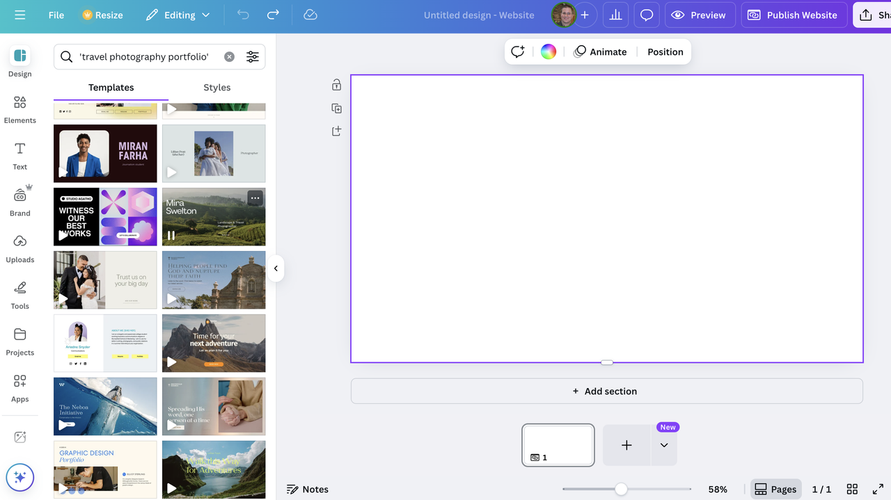 Selecting a website template in Canva