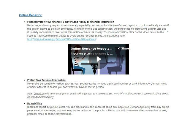 Chemistry says users should never respond to any request for money or give out personal information like your social security number or credit card.
