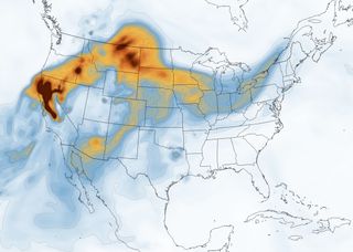 This map shows the concentration of black carbon particulates, commonly called soot, on Aug. 25, 2020. The plume was generated by California’s huge wildfires, but wind has pushed it far to the east.