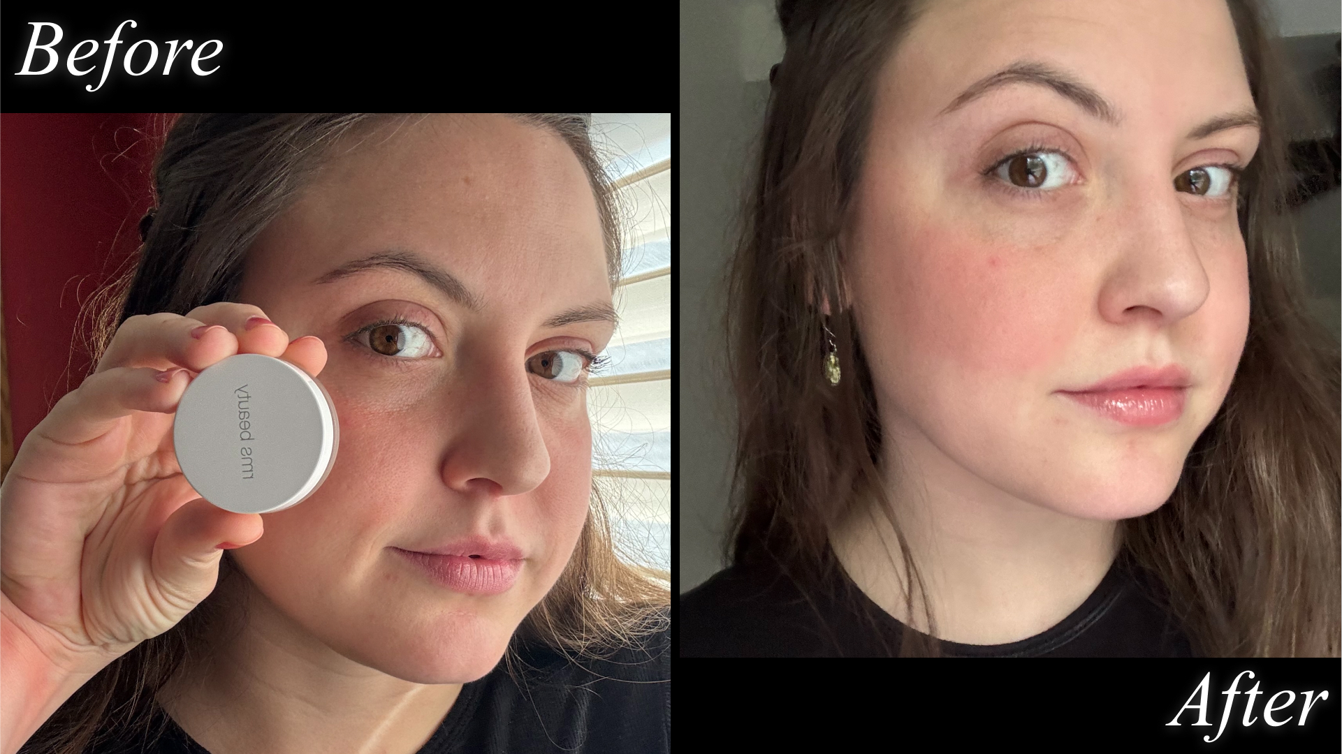 Sophia Vilensky before and after testing RMS Beauty's Luminizer.
