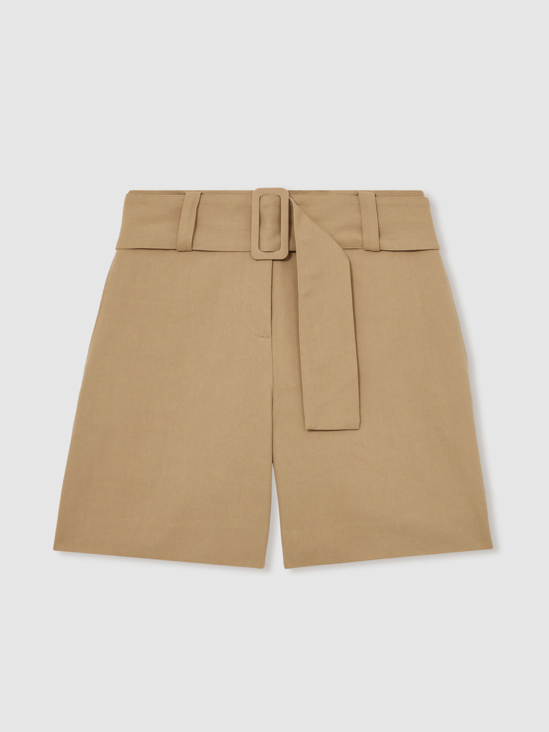 Cotton-Blend Belted Shorts With Linen in Camel - Size 4