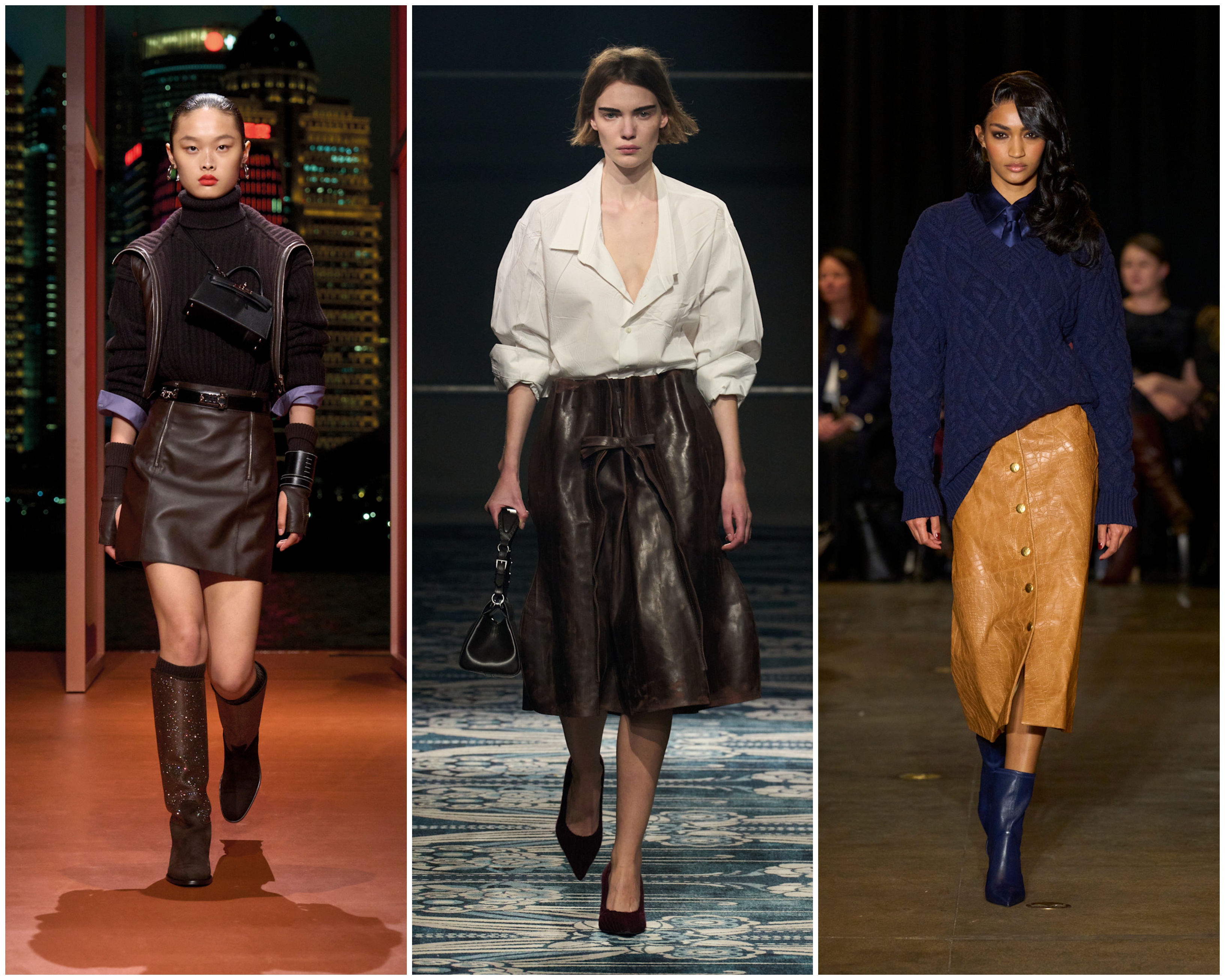 leather skirts on the fall 2025 runways of hermes, prada, and sergio hudson