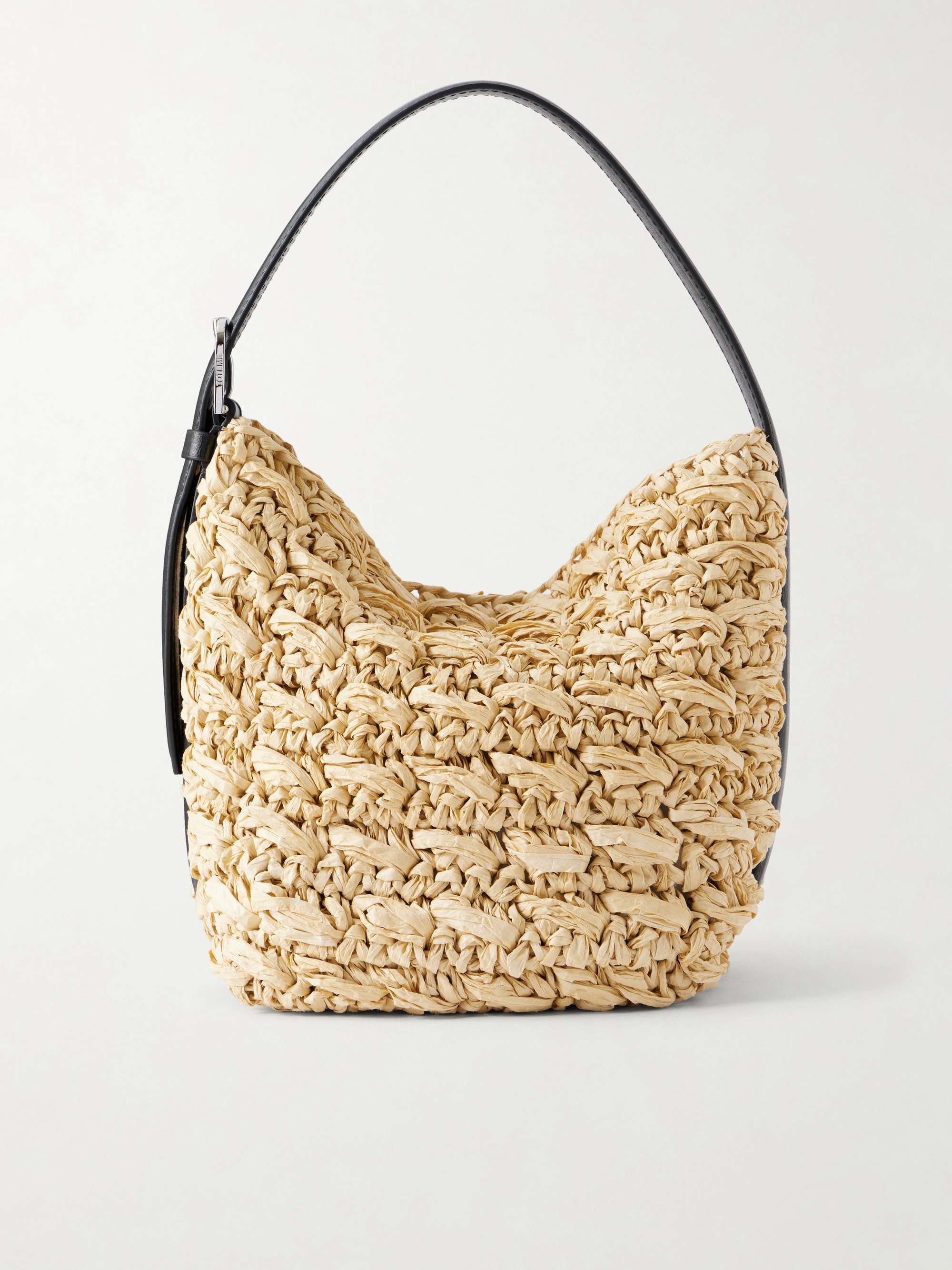 Belted Small Leather-Trimmed Raffia Shoulder Bag