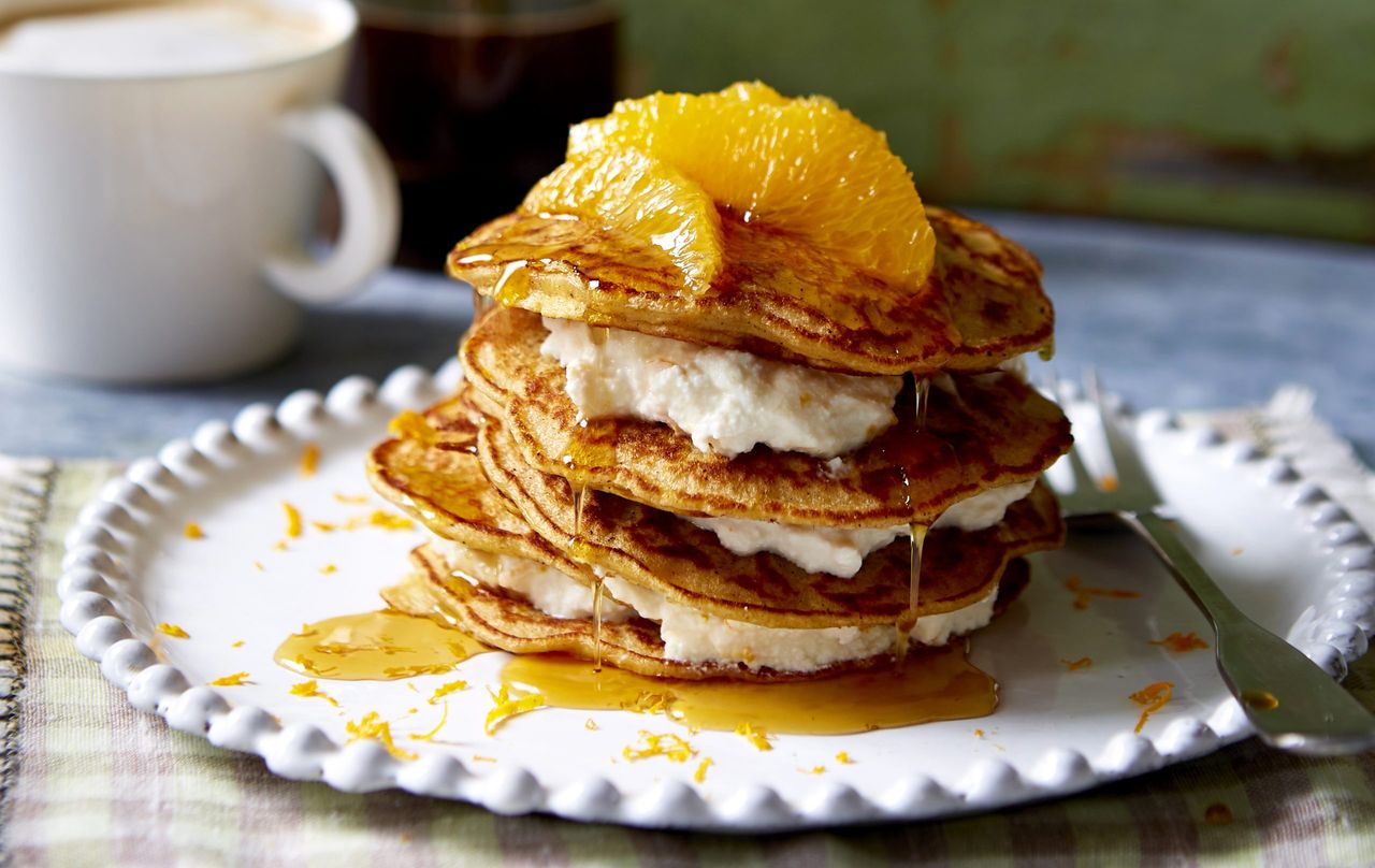 Carrot cake pancakes with orange cream cheese