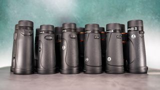 six pair of Celestron binoculars in a lineup