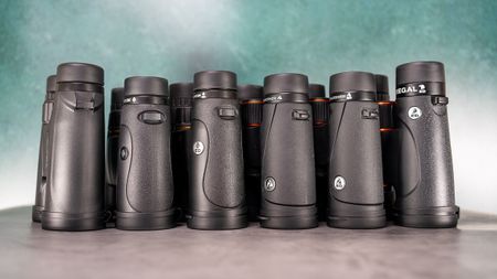 six pair of Celestron binoculars in a lineup