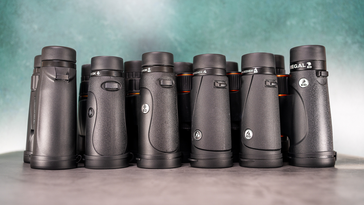 six pair of Celestron binoculars in a lineup