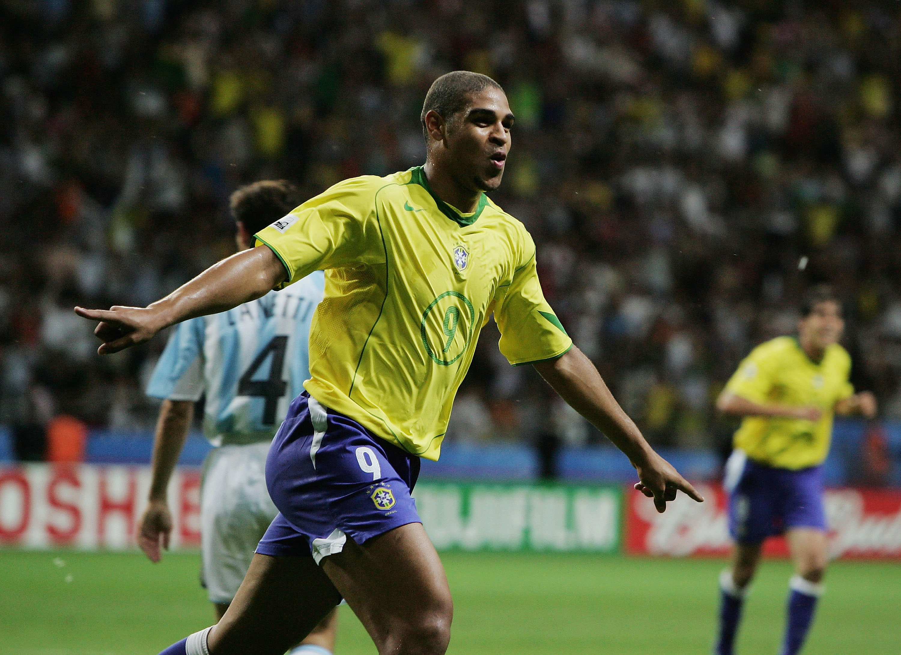 Adriano celebrates after scoring for Brazil against Argentina in the 2005 Confederations Cup final.