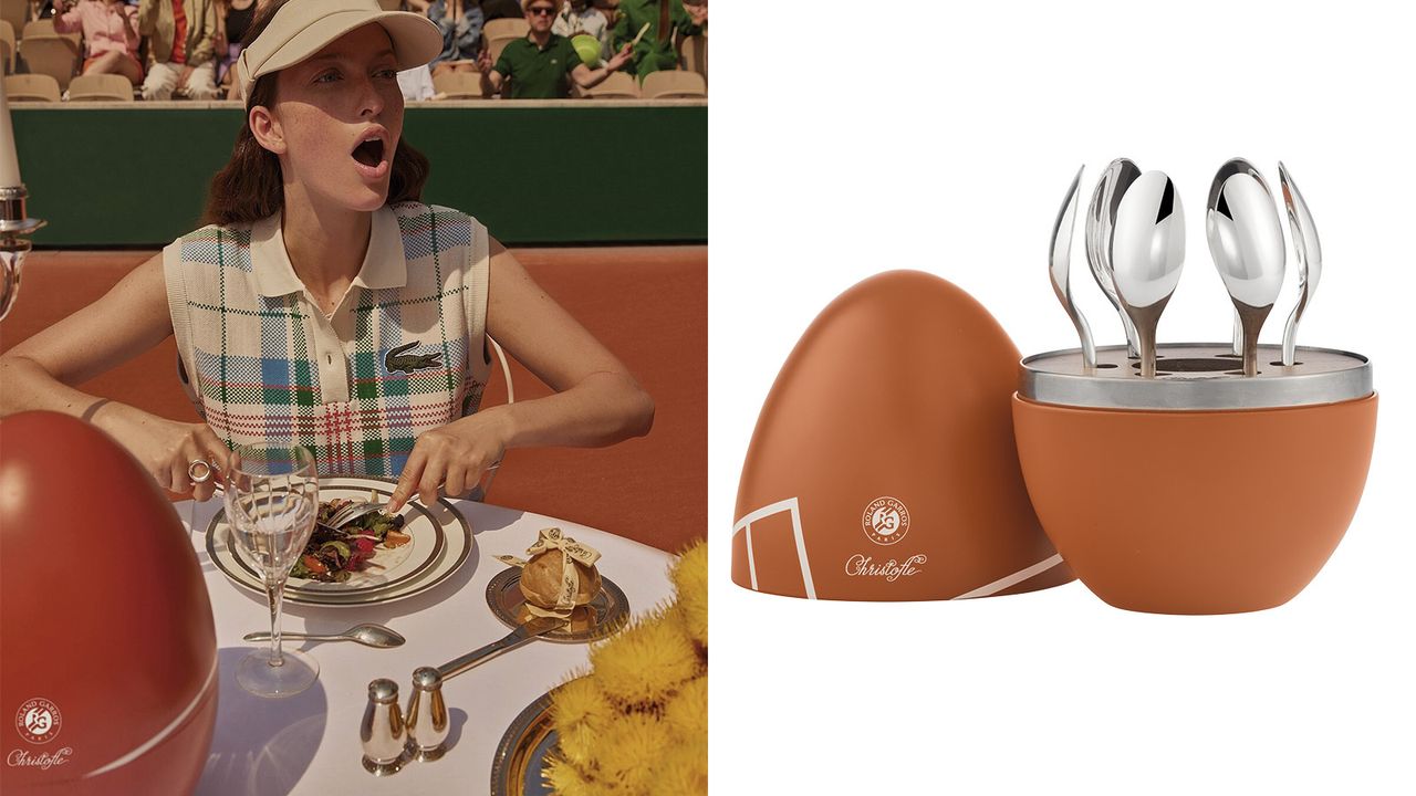 Alternative Easter eggs include this egg-shaped canteen, seen on table at which a girl is lunching on a tennis court, and open, loaded with spoons