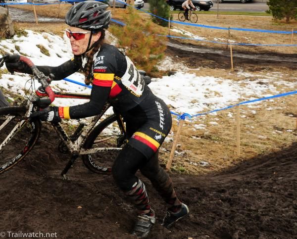 Emily Thurston (3rd Rail Racing) on the muddy run-up