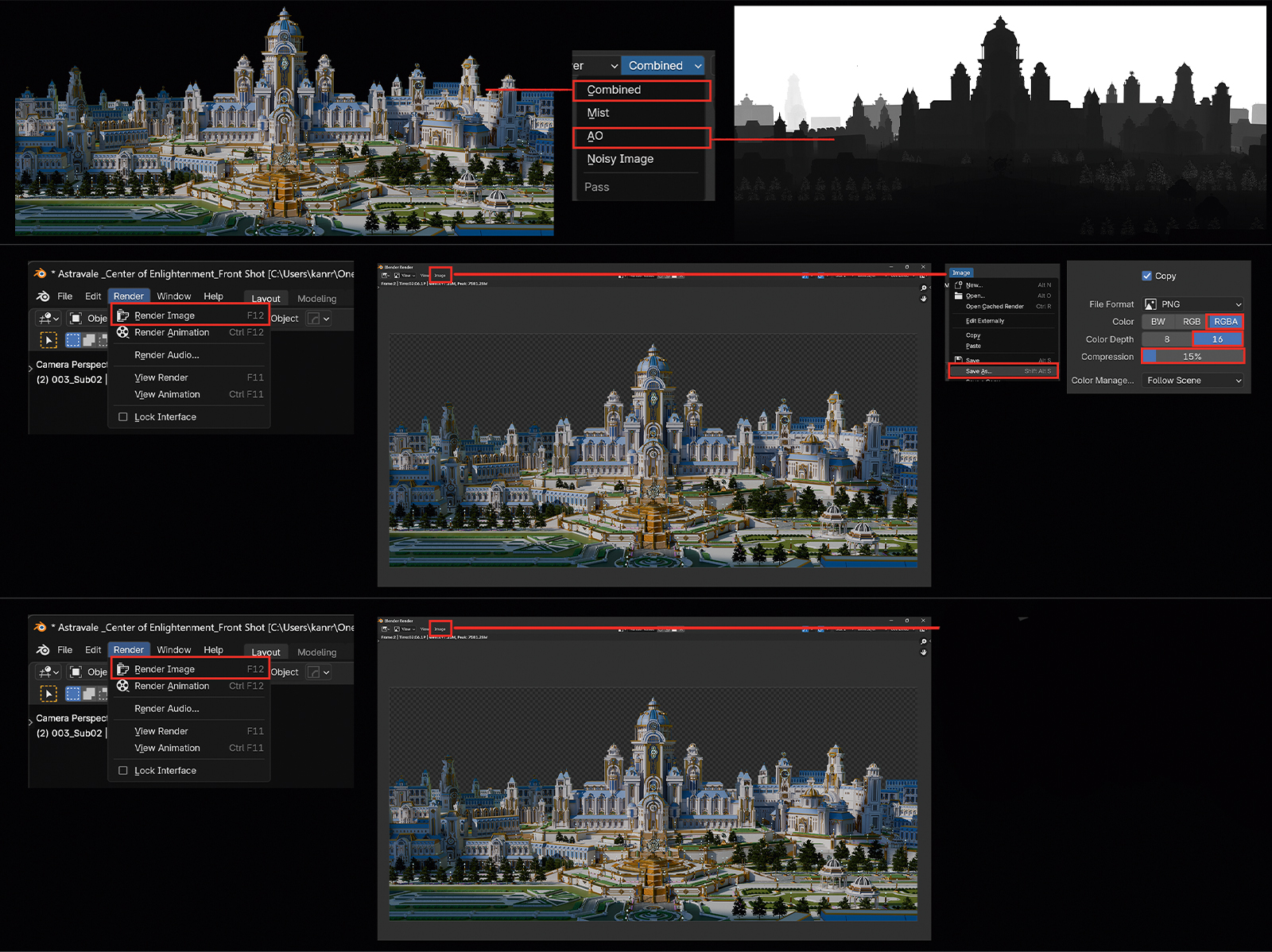 A 3D model of a castle in Blender