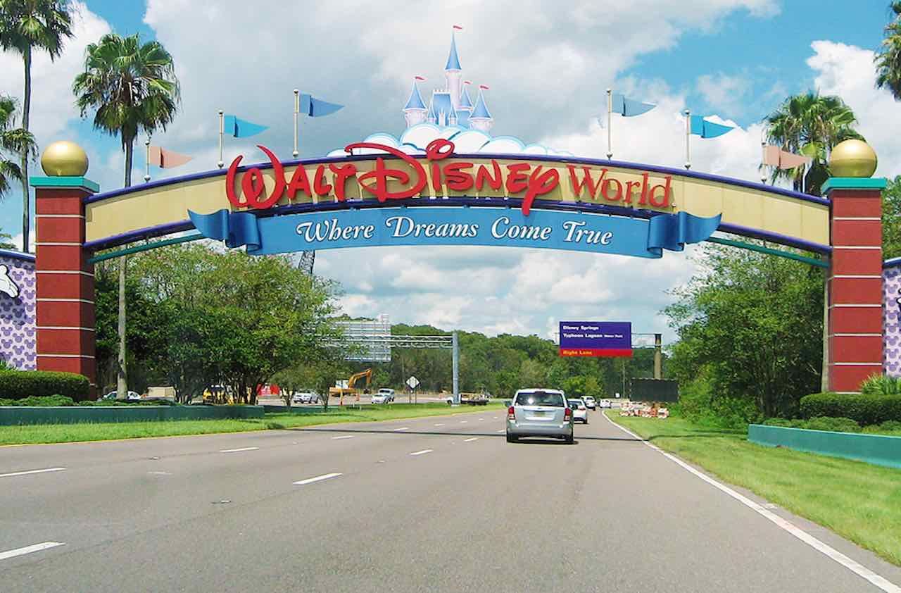 Lake Buena Vista, Florida, USA - August 19, 2015: an entrance of Walt Disney World Resort. Some cars are visible.