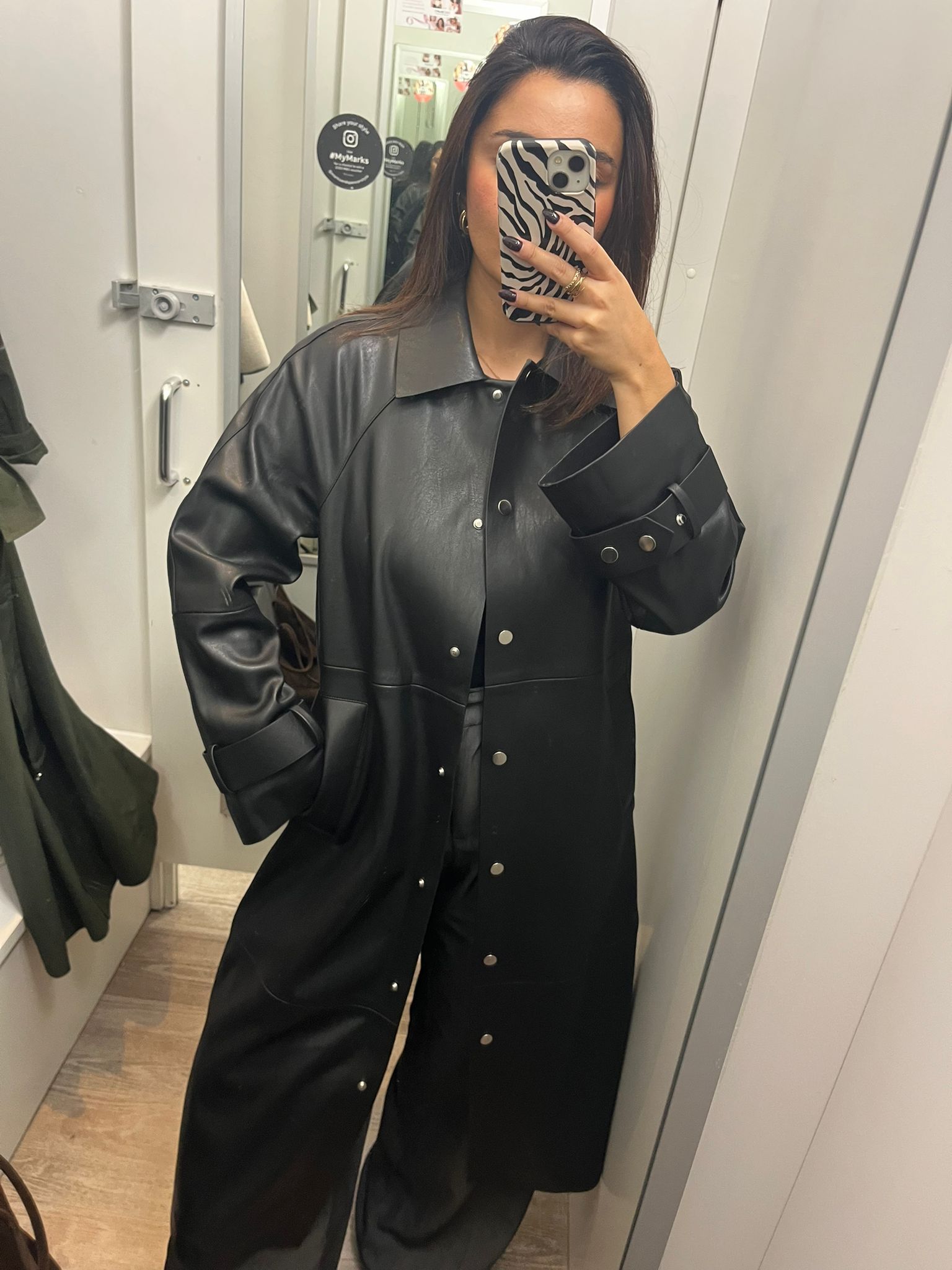 Senior Shopping Editor Marina Avraam wearing a leather coat from m&S