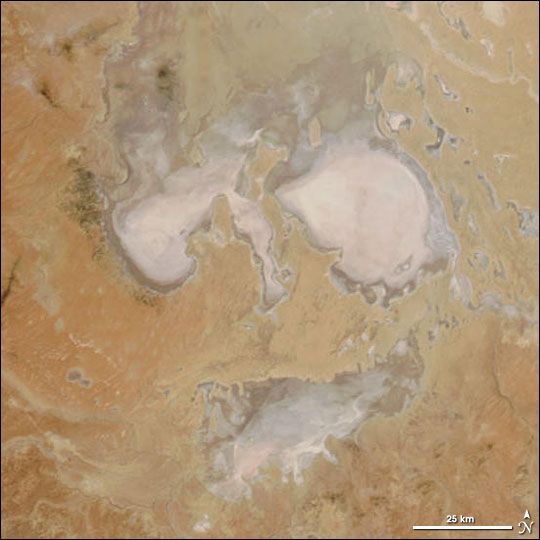 Australia&#039;s nearly always dry Lake Eyre looks like a ghostly face in this NASA satelilte image.