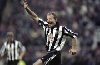 Alan Shearer celebrates a goal for Newcastle against Manchester United in February 2000.