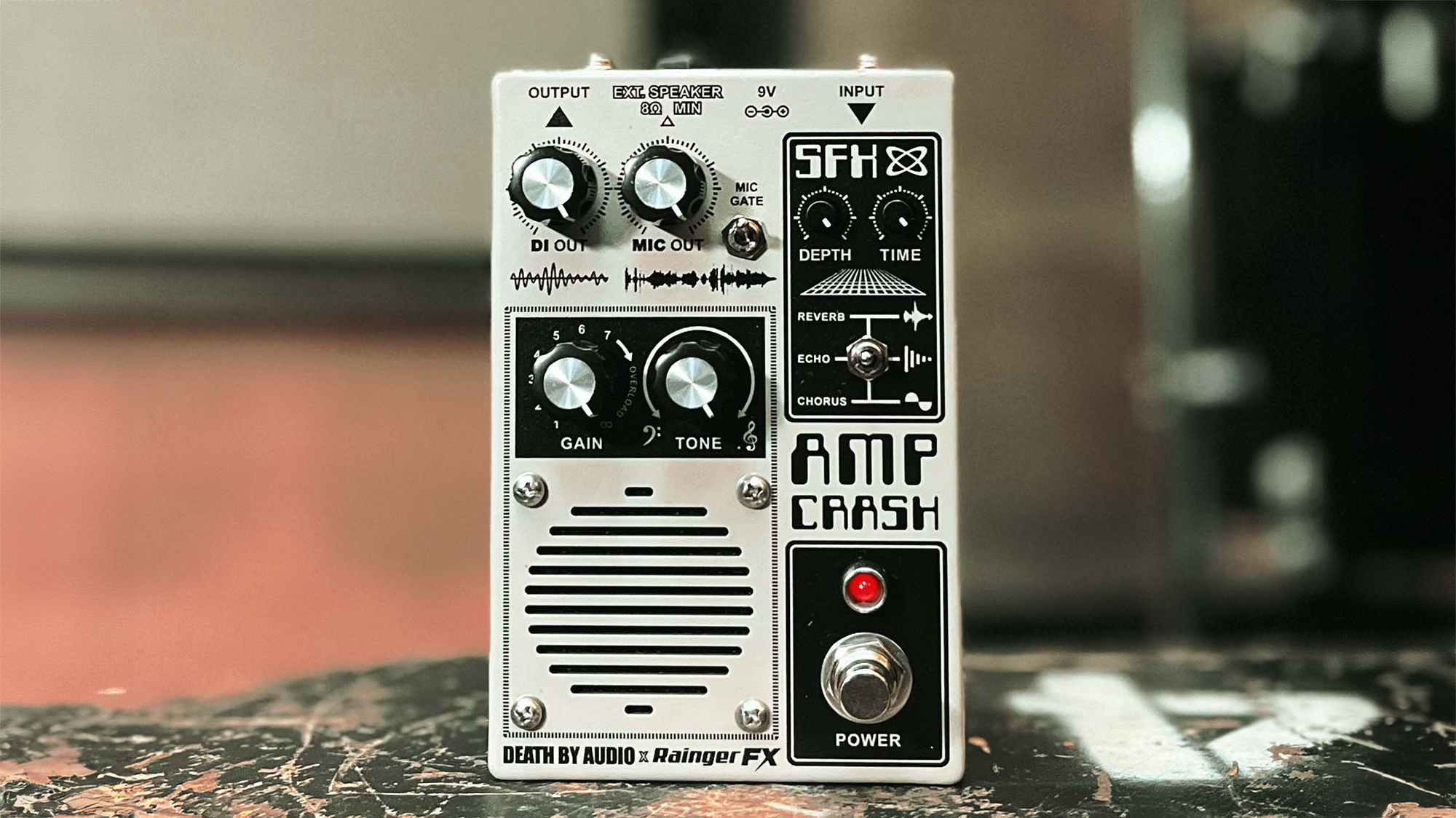 A photo showing the Death by Audio/Rainger FX Amp Crash Pedal and Mini-Amp