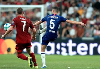 Chelsea’s Jorginho with an incorrectly spelled name on his shirt during the Super Cup in Istanbul