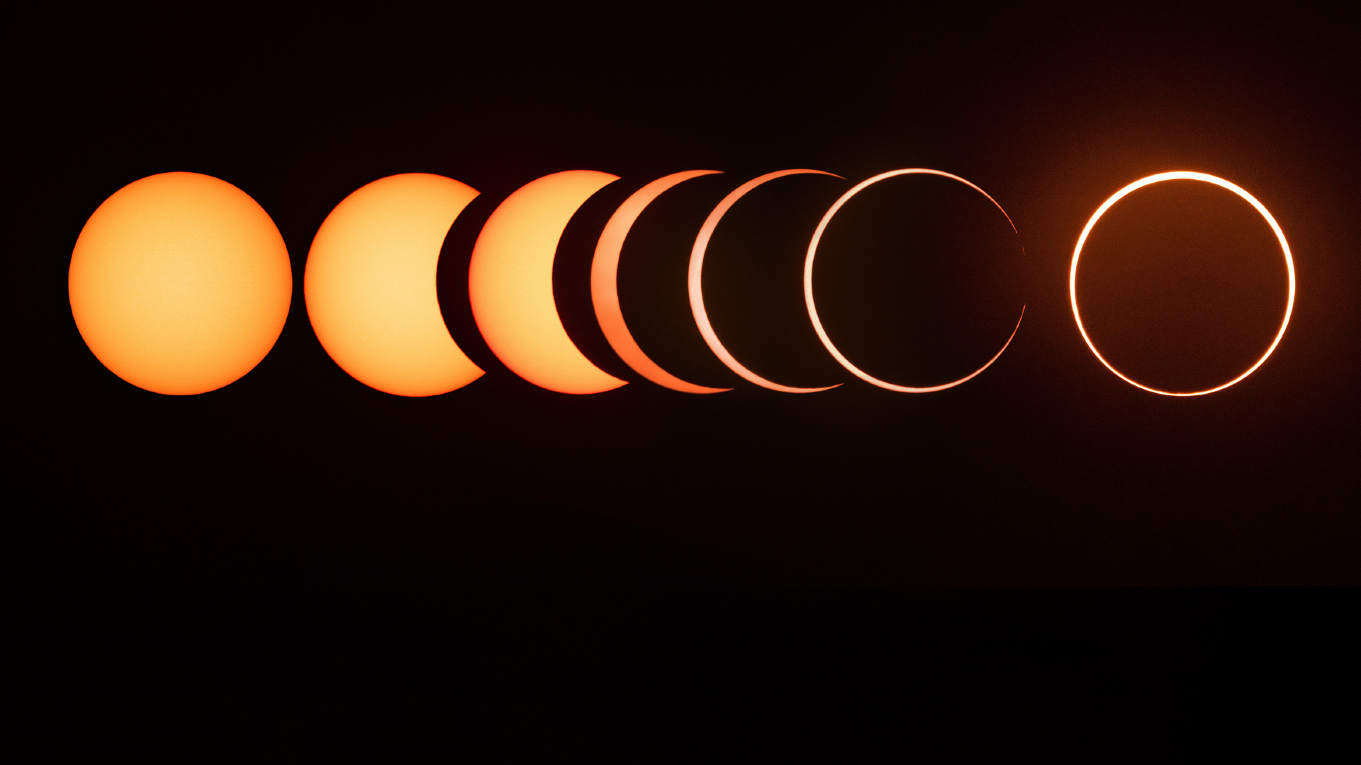 A composite photo of the phases of an annular eclipse against a dark background, with the sun being fully illuminated to all the way eclipsed from left to right in the image
