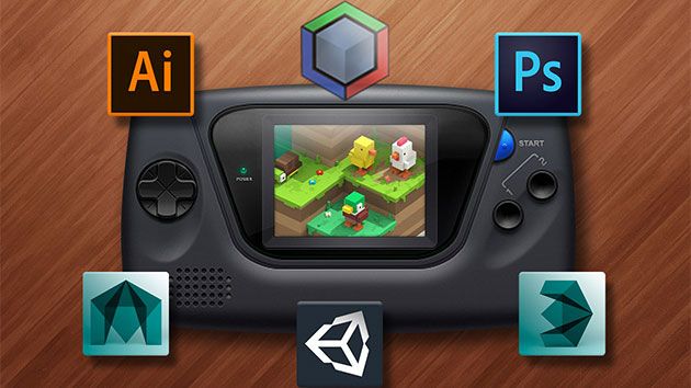 Handheld games console surrounded by software icons