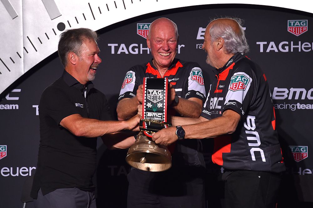 Jim Ochowicz, Jean-Claude Biver and Andy Rhis ring the bell on the new partnership