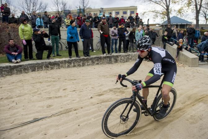 Neon Velo's Jeremy Durrin pushed the pace at the front until he flatted in the fourth lap